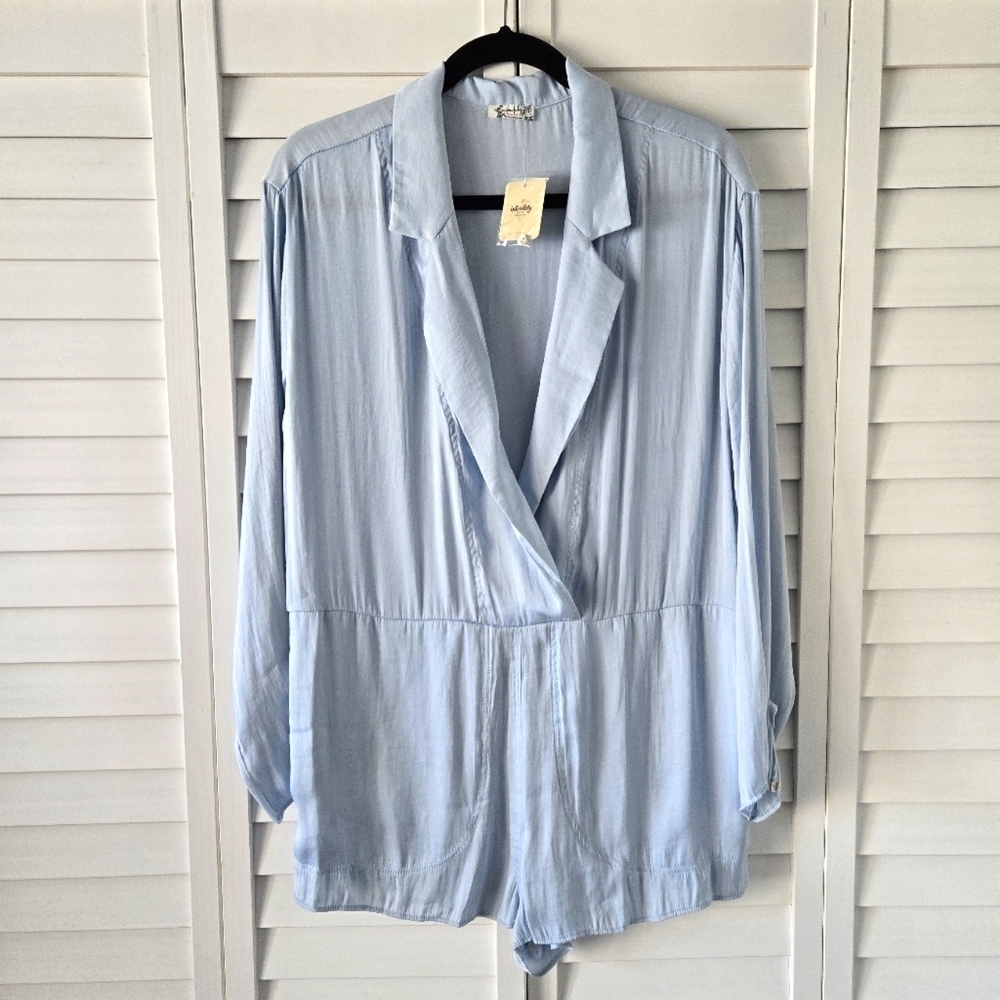 Intimately Free People Light Blue Long Sleeve Collared Loungewear Romper Size M